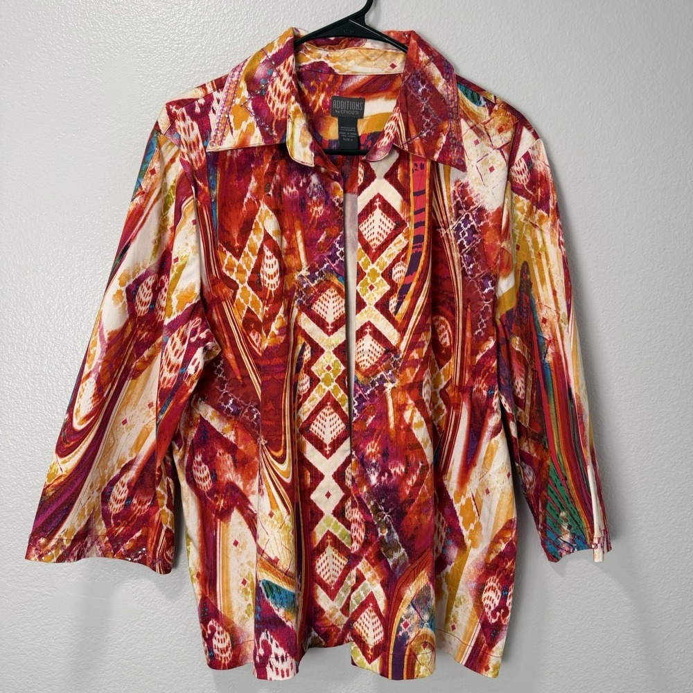 Chico's Additions Size-3 Womens Jacket Embellished Cotton Red‎ Orange